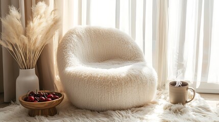 Wall Mural - Fluffy armchair, sunlit room, cherries, relaxation, home decor