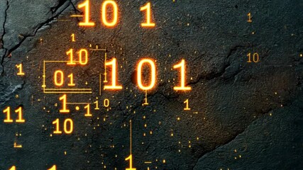 Fototapete - Dynamic digital binary sequence illuminating a cracked surface with glowing numerals