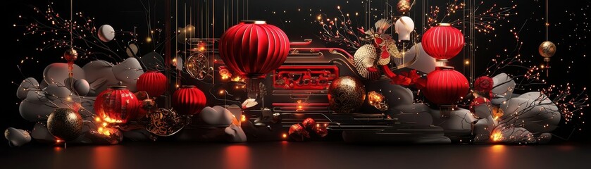 Poster - Dynamic 3D Banner Featuring Bold Red Elements and Festive Decorations with a Vibrant Background