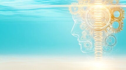Poster - Submerged Mind Gears, Cogs, and Human Face in Blue Water
