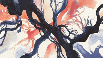 Poster - Dynamic abstract art depicting intertwined branches artistic studio watercolor painting creative space top-down perspective nature concept
