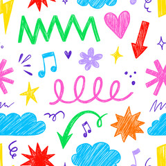 Poster - Kid shape color seamless pattern background. Crayon scribble fun children color hand drawn pencil brush shape seamless background. Abstract pattern crayon children pattern design. Vector illustration