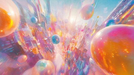 Poster - Explosive colorful bubbles floating in a surreal cityscape digital art vibrant background aerial perspective imagination