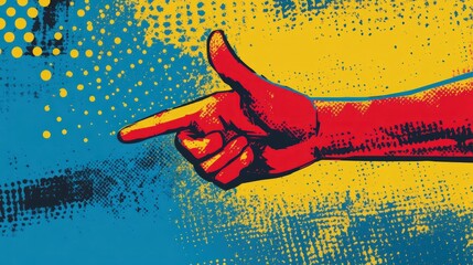 Poster - A Red Hand Points Left on a Yellow and Blue Background