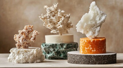 Poster - Artistic display of textured sculptures on pedestals studio setting photography minimalist environment close-up viewpoint