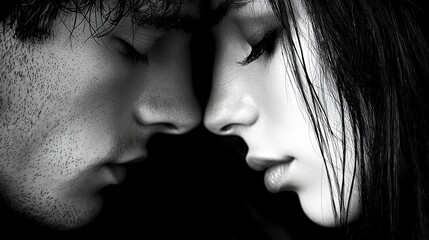 Romantic intimacy between couple studio black and white photography close-up emotional connection