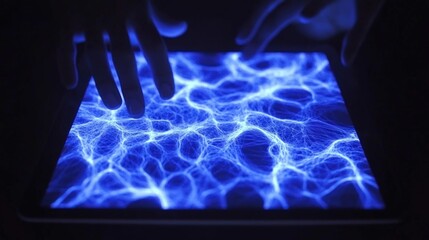Poster - Hands Interact With Blue Energy Display Screen