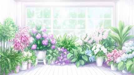 Wall Mural - Sunlit Windowsill Garden of Blooming Flowers