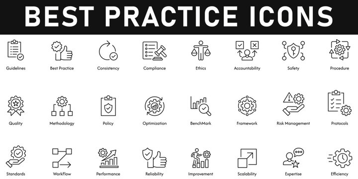 Best Practices Icons vector illustration with thin line editable stroke containing guidelines, consistency, compliance, ethics, accountability, procedure, quality, methodology, optimization, benchmark