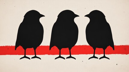Poster - Three Black Birds on Red Line Graphic Art