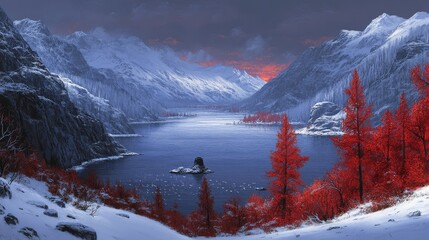 Solitary Raven Perched Amidst a Frozen, Snow-Covered Mountain Valley at Sunset