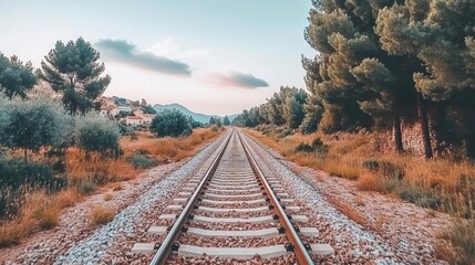 Sticker - Scenic railway tracks vanishing into a sunlit horizon, flanked by lush vegetation and distant mountains.