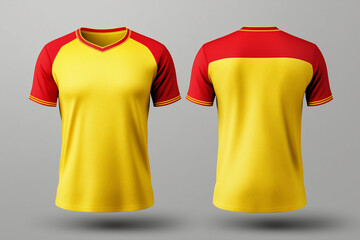 yellow and red jersey template for team clubs, jersey sport, front and back, Tshirt mockup sports jersey template design for football soccer, racing, gaming, sports jersey