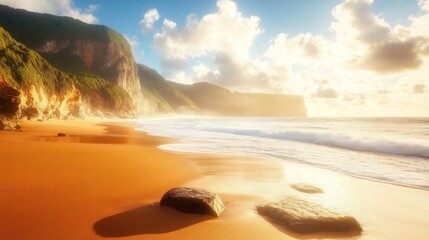 Canvas Print - Scenic sunset over a tropical beach with orange sand, cliffs, and ocean waves.