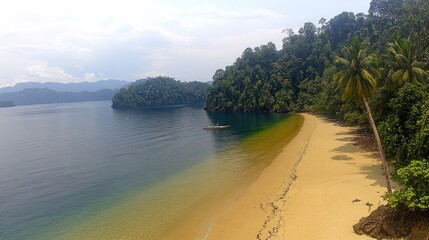 Poster - Secluded tropical beach with calm water, lush green vegetation, and a lone boat.