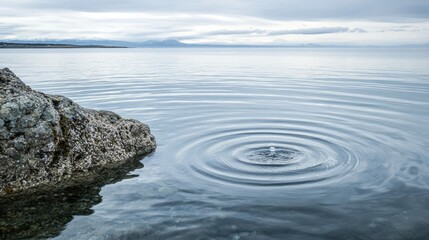 Poster - Serene lake scene with ripples from a drop of water near a rock.