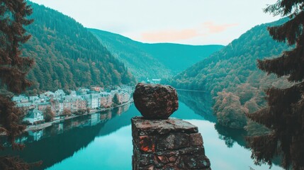 Poster - Serene mountain lake view with a stone in foreground, reflecting a village.