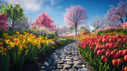 Poster - Serene spring garden path with vibrant tulips, daffodils, and blossoming trees under a bright blue sky.