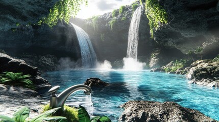 Canvas Print - Serene waterfall cascading into a pristine pool, a tap subtly placed nearby.