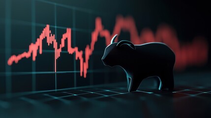 Canvas Print - Silhouette of a bull against a backdrop of a fluctuating stock market graph, symbolizing market volatility.