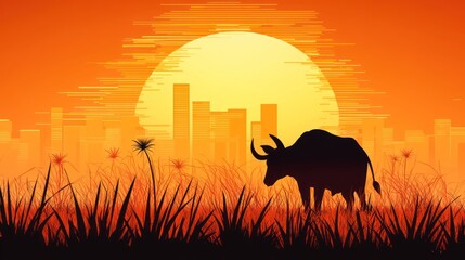 Poster - Silhouette of a bull in tall grass at sunset with a city skyline in the background.