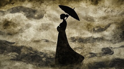 Canvas Print - Silhouette of pregnant woman with umbrella in stormy weather.