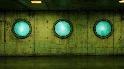 Poster - Underground Tunnel Circular Windows Green Light Concrete Walls