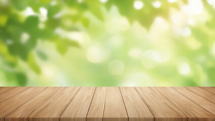 empty wooden table on green grass background
