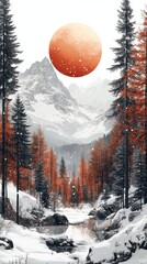 Wall Mural - Snowy mountain range with red moon and pine forest.