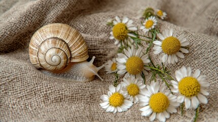 Poster - Snail crawling near chamomile flowers on linen fabric.