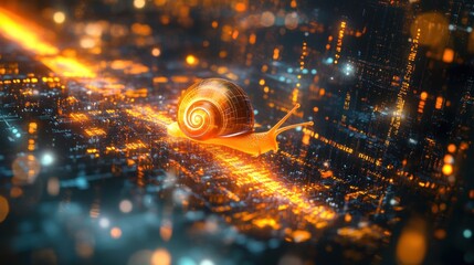 Canvas Print - Snail crawling on a futuristic circuit board, glowing orange and blue.