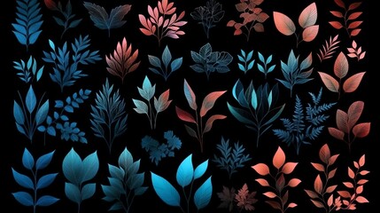 Poster - Vibrant Botanical Illustrations A Collection of Blue and Coral Foliage Designs