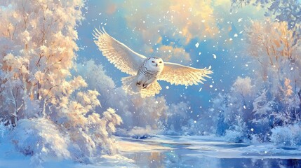 Wall Mural - Snowy owl in flight over a winter wonderland scene with snow-covered trees and a frozen river.