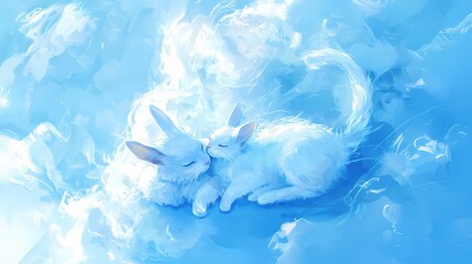 Two White Rabbits Cuddling in a Dreamy Blue Scene with Soft Light and Gentle Brushstrokes