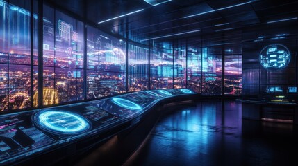 Poster - Futuristic control room with city view illuminated with digital interface and monitors displaying data