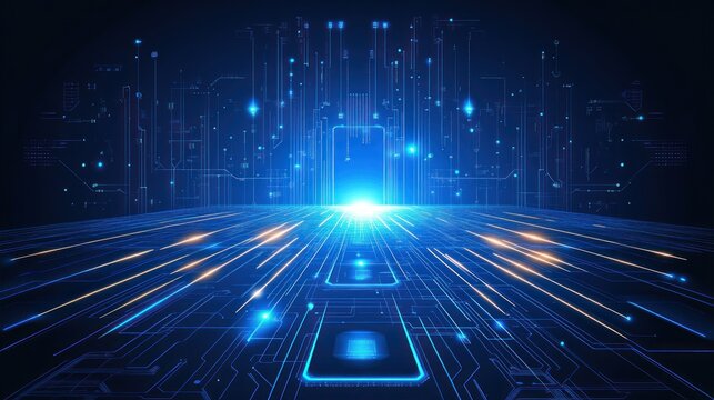 Digital Data Highway Futuristic Blue Glowing Circuit Board Lines