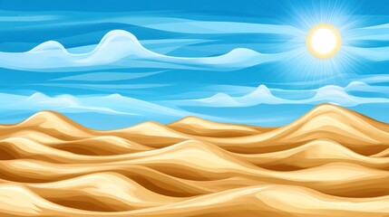 Wall Mural - Sunny desert landscape with rolling sand dunes under a bright blue sky.