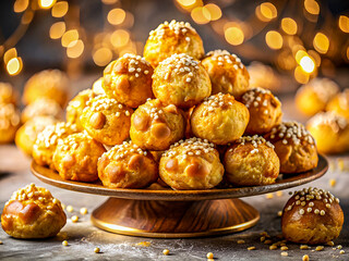 Tasty Golden Crisp Chouquettes with sesame seeds. Delicious Food background