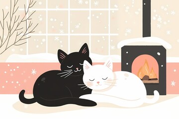 Aufkleber - Two cats near fireplace in winter scene with snow falling and stylized illustration
