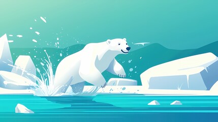 Poster - Polar bear jumping into arctic water with icebergs in a flat graphic style illustration