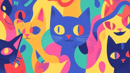 Aufkleber - Colorful cat illustration with abstract shapes and bright colors in a modern style