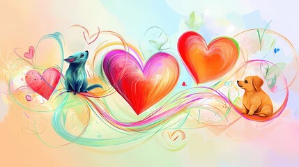 Poster - Two cute animals and floating hearts in a whimsical artistic style on a light background