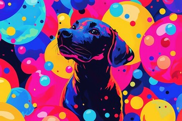 Poster - Colorful dog portrait with abstract shapes in bright pink yellow blue and black tones