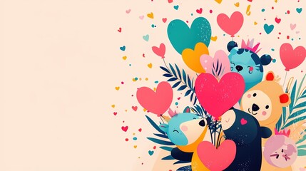 Poster - Colorful cartoon animals with heart balloons and confetti on a light pink background
