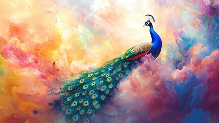Poster - Elegant peacock with vibrant feathers on a colorful abstract background artistic painting