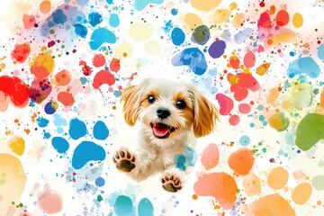 Poster - Playful puppy with colorful paw prints and paint splatters on a bright background