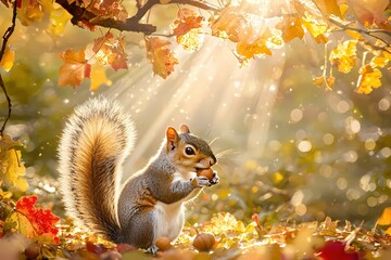 Poster - Autumnal Squirrel Delight A Charming Scene of Wildlife Amidst Golden Leaves and Sunlight