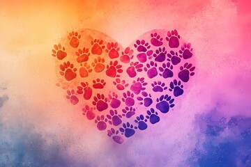 Poster - Heart shape made of animal paw prints on a colorful gradient background with a textured surface