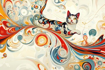 Poster - Artistic Cat Illustration with Swirling Colorful Fluid Paint Design on White Background