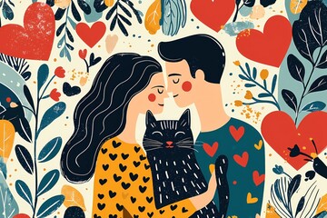 Poster - Couple with cat surrounded by hearts and plants in a modern flat illustration style
